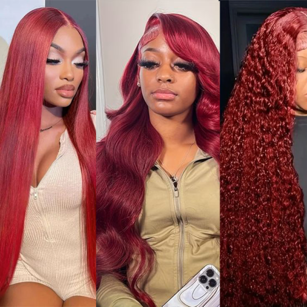 Straight/Body Wave/Deep Wave/Water Wave Burgundy 99j 13x4 Transparent Lace Frontal Wig 180% Density