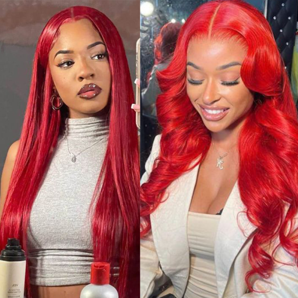 Straight Body Wave Hot Red 13x4 Transparent Lace Frontal Wig 180% Density