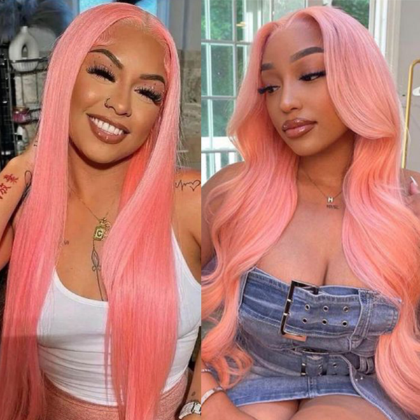 Straight Body Wave Pink 13x4 Transparent Lace Frontal Wig 180% Density